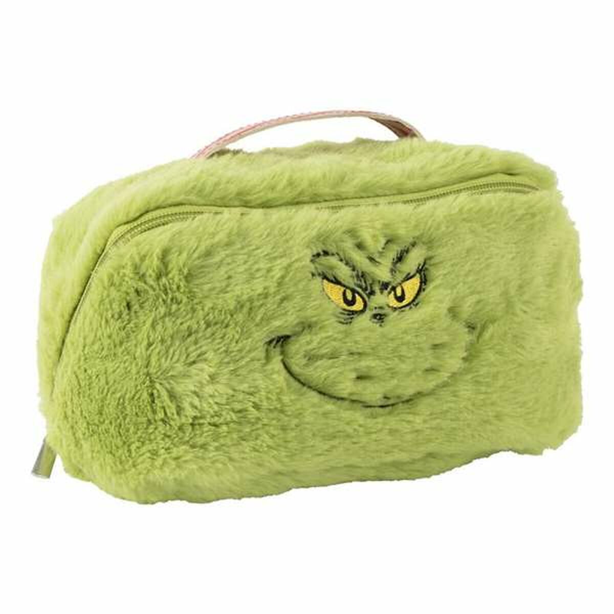 En fluffig, ljusgrön necessär formad som Grinchs ansikte med ett hånfullt leende och gula ögon broderade på framsidan, med ett bärhandtag upptill.