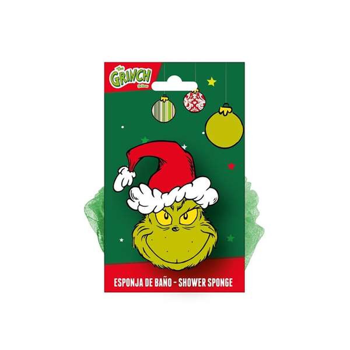 Grinch badsvamp med röd tomteluva på grön förpackning