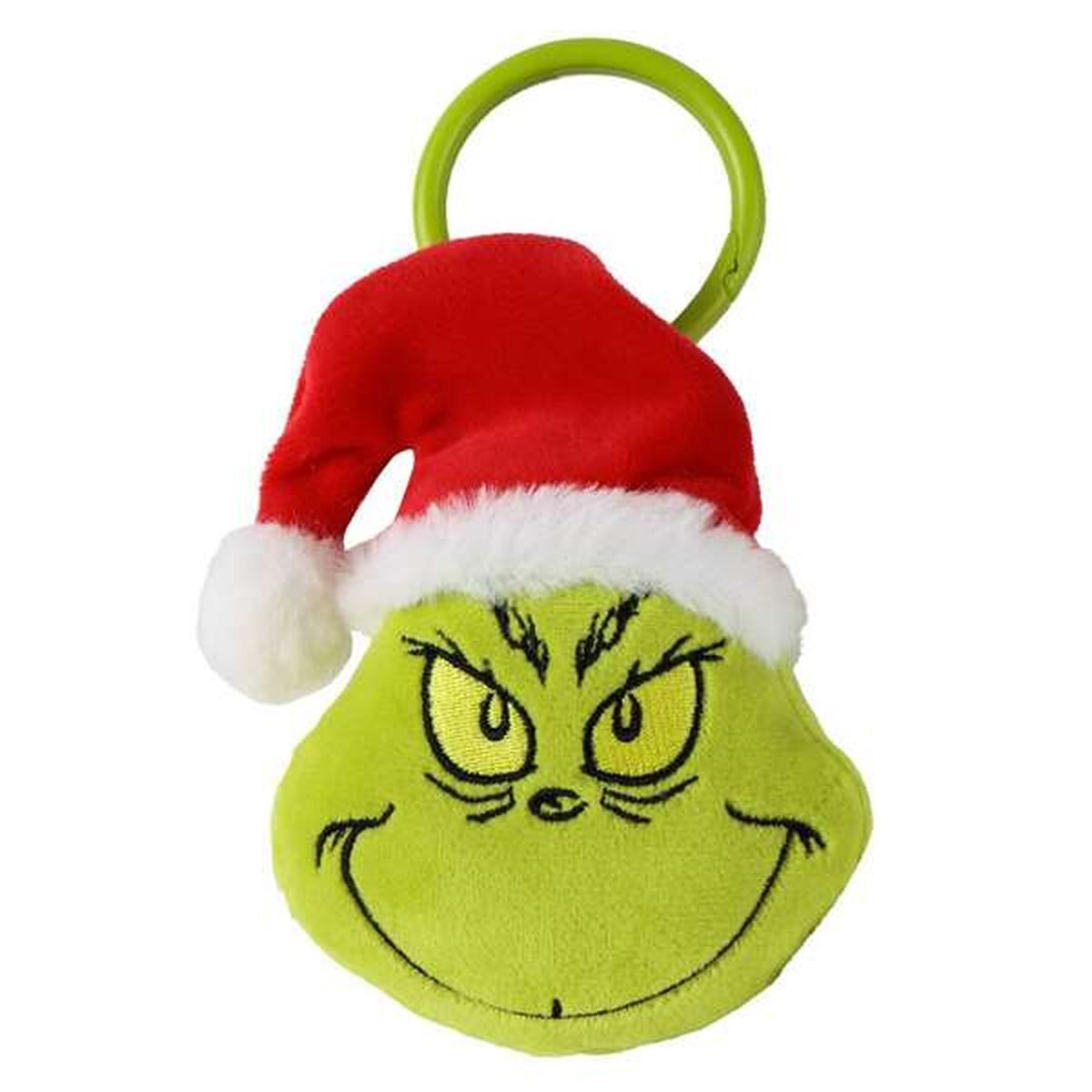 En mjuk, grön nyckelkedja med The Grinchs ansikte i en röd tomtemössa.