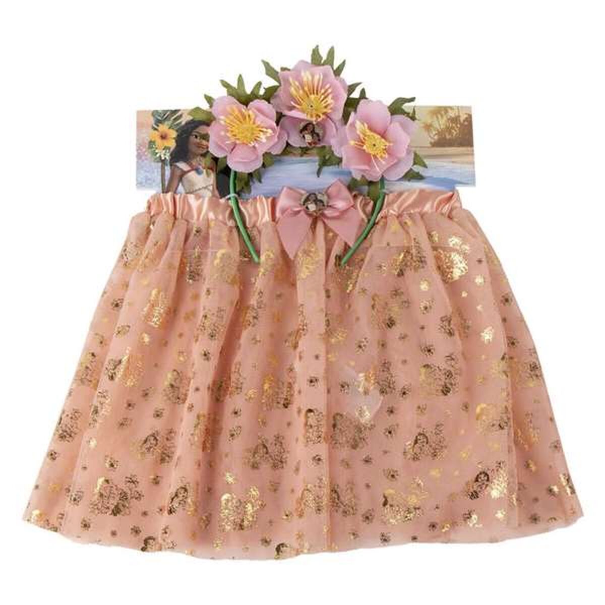 En rosa tyllkjol med guldmönster och ett grönt diadem med tre stora rosa blommor på en vit bakgrund.
