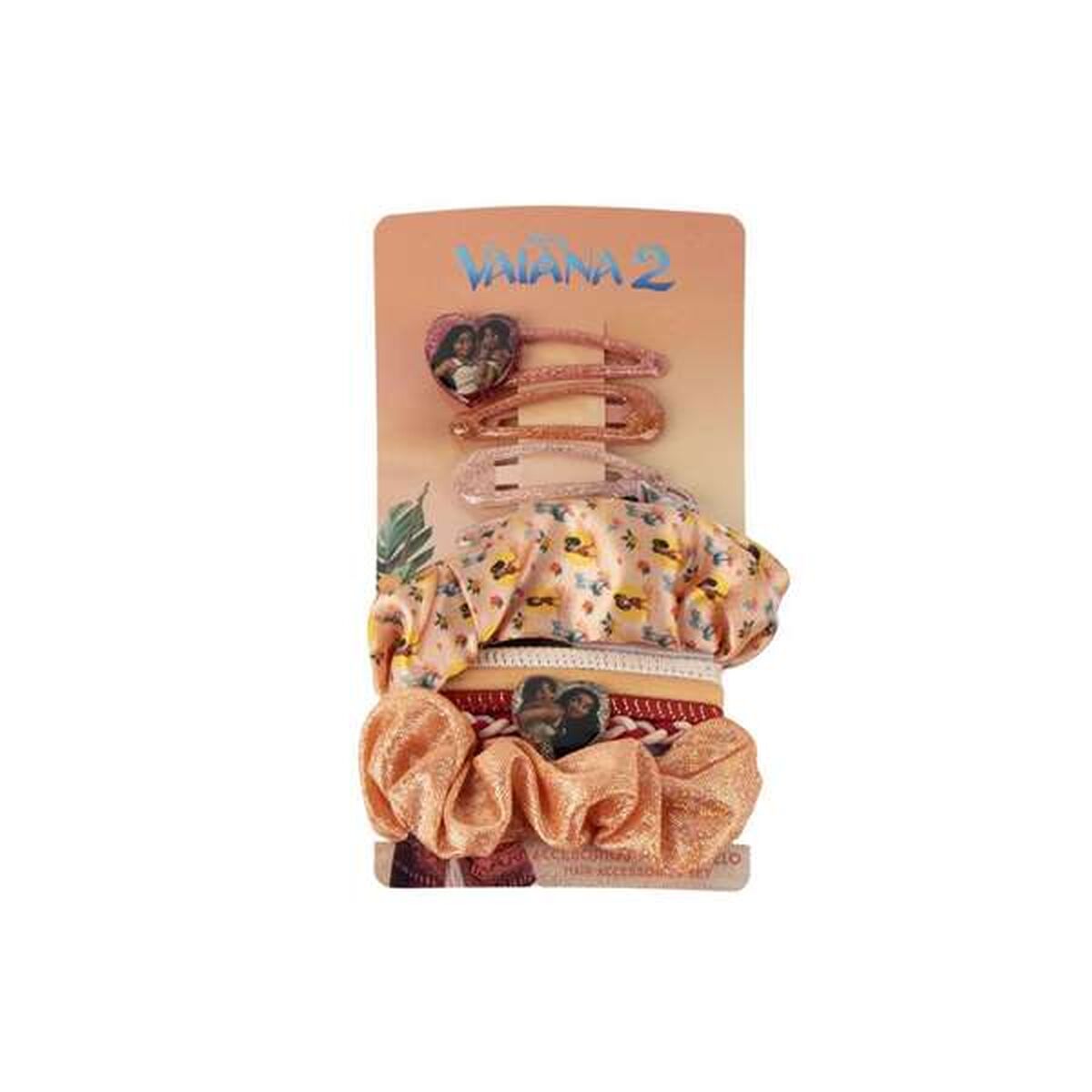 Ett set med färgglada håraccessoarer innehållande mönstrade scrunchies och glittriga hårklämmor dekorerade med hjärtformade motiv.