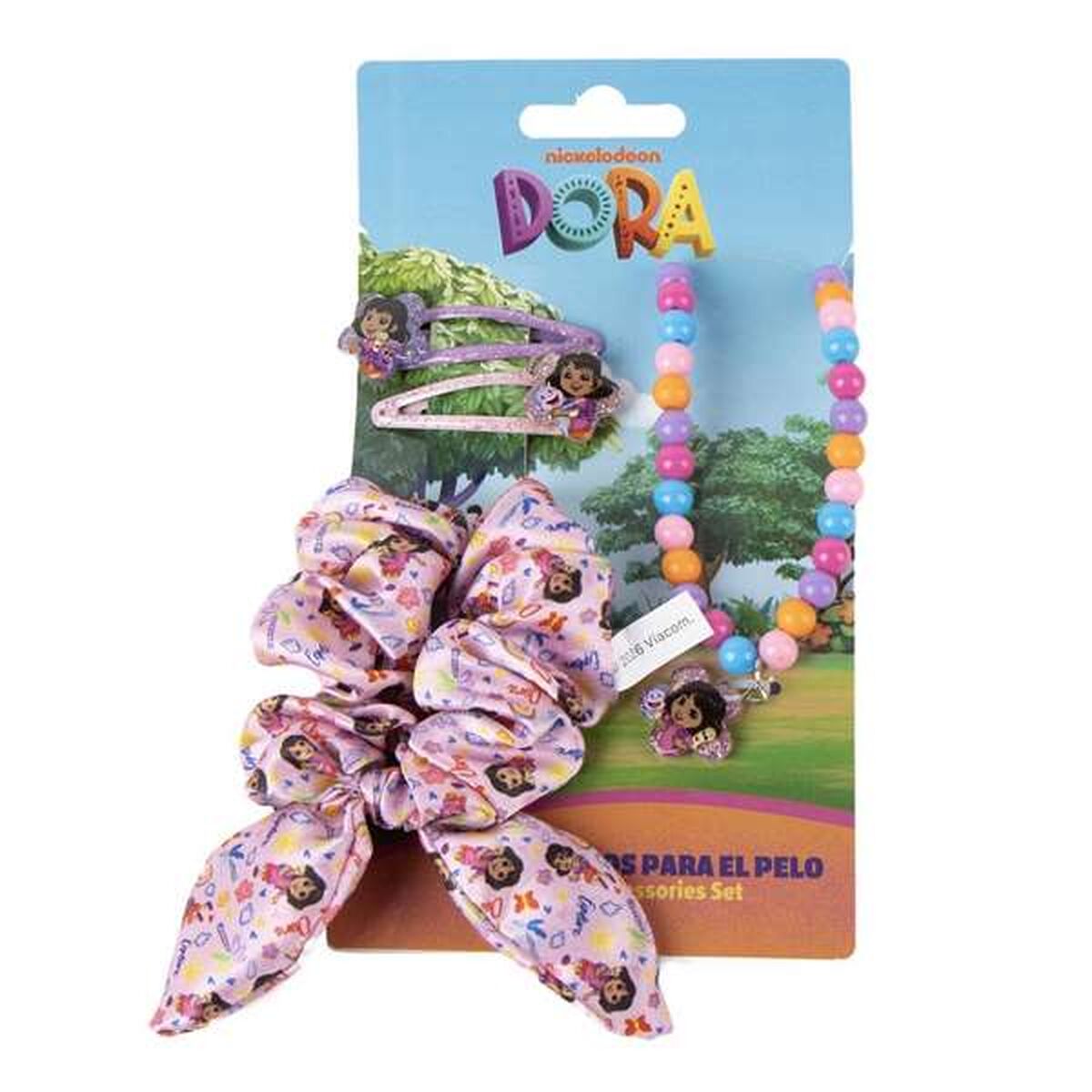 Ett set med lila och rosa håraccessoarer samt ett pärlarmband med motiv av en tecknad figur.