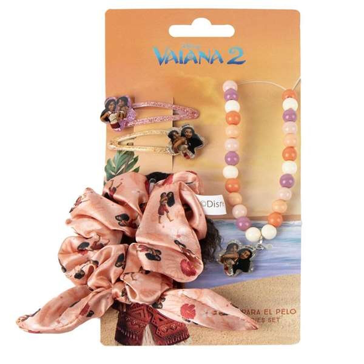 Ett set med en persikofärgad mönstrad scrunchie, två glittriga hårspännen och ett halsband med färgglada pärlor.