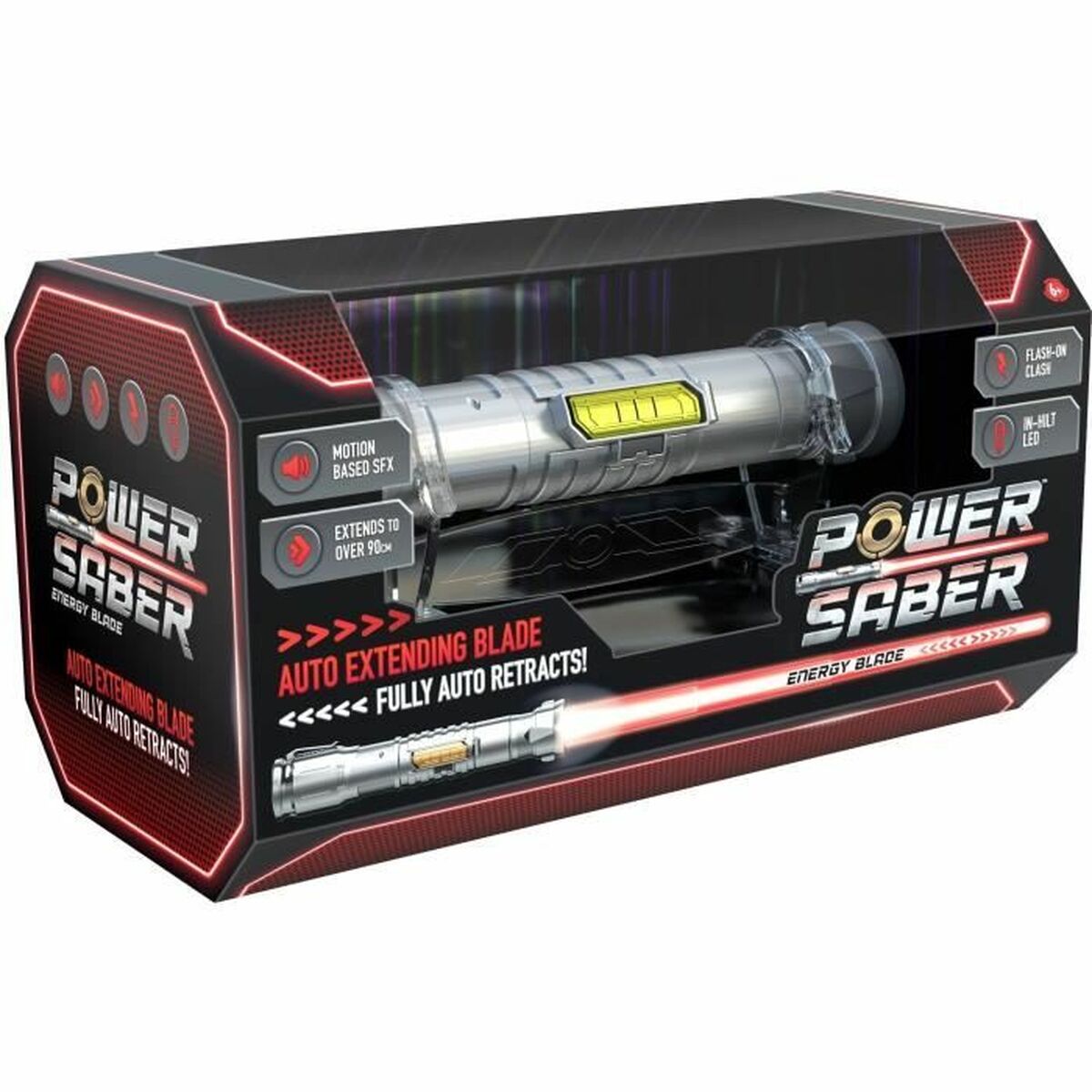 En förpackning som visar ett silverfärgat leksakssvärd kallat Power Saber, med röd ljuseffekt och text som indikerar automatisk utdragning och ljudeffekter.