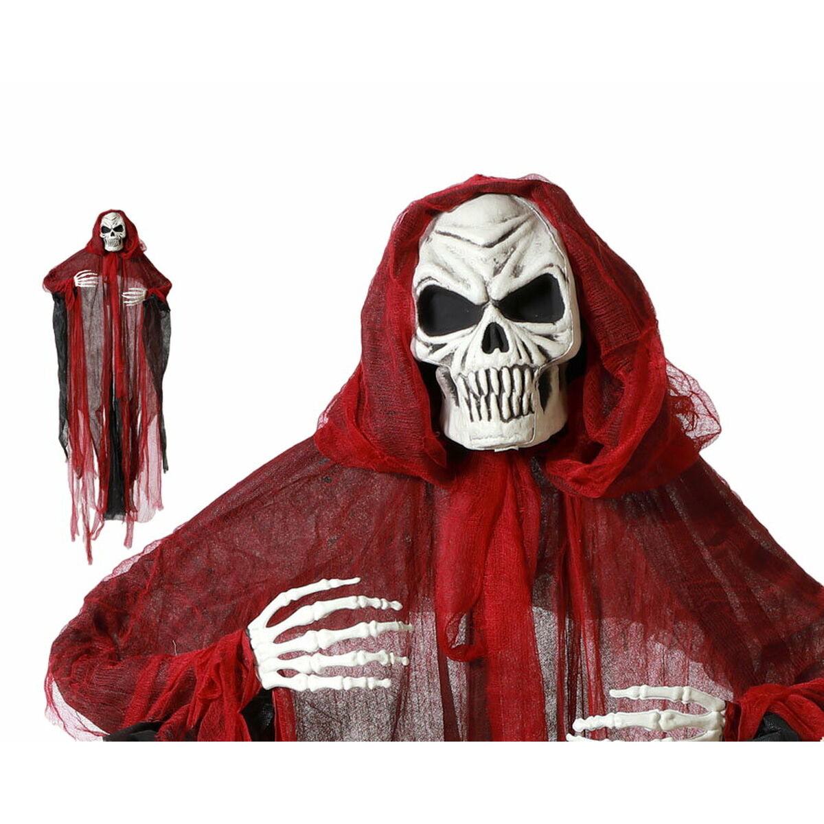Ett skräckinjagande hängsmycke föreställande ett skelett med vit dödskallemask och stora, mörka ögonhålor, svept i en trasig, röd och svart huva och tyg, med skeletthänder som sträcks ut.