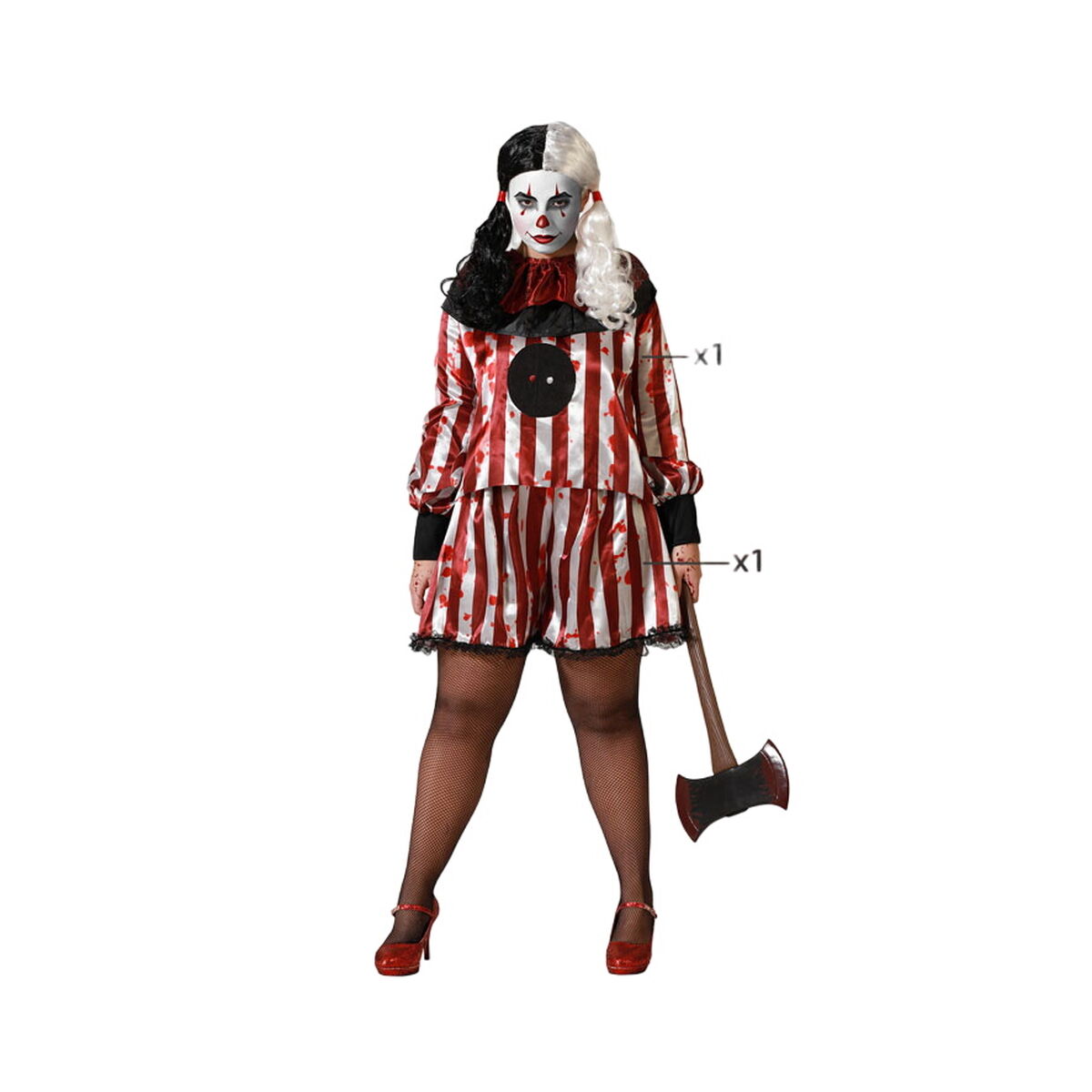 Kvinna i en läskig clownmaskeraddräkt i rött och vitt randigt mönster med blodstänk, storlek XL.