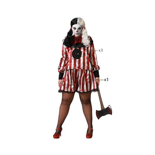 Kvinna i en läskig clownmaskeraddräkt i rött och vitt randigt mönster med blodstänk, storlek XL.