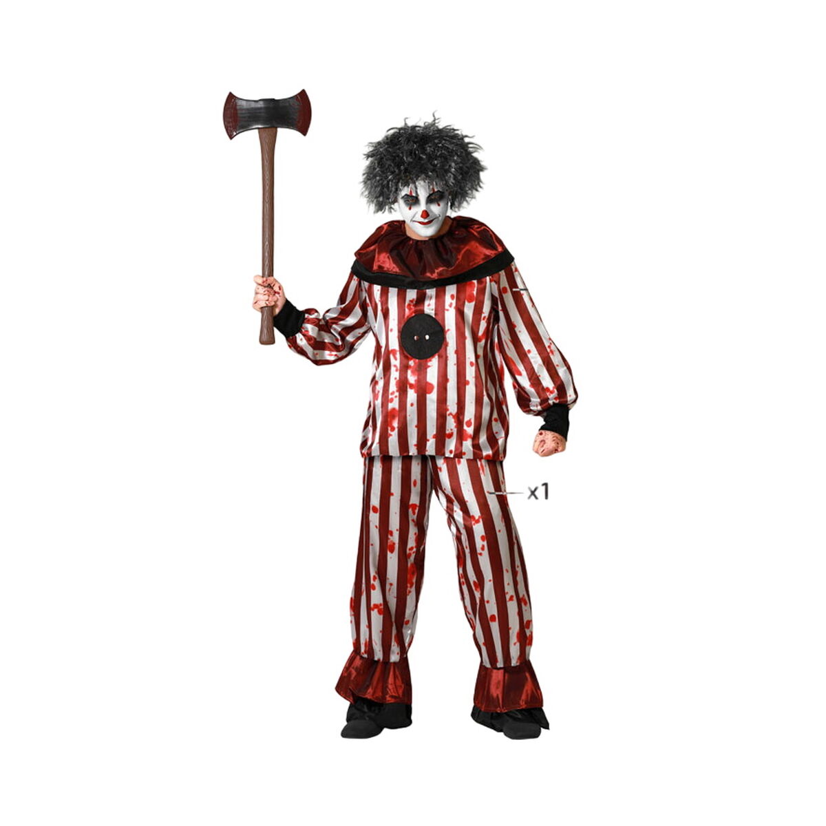 En vuxen person i en blodstänkt röd-vit randig clowndräkt, komplett med peruk och ansiktsmålning, som håller i en stor leksaksvippa/yxa.