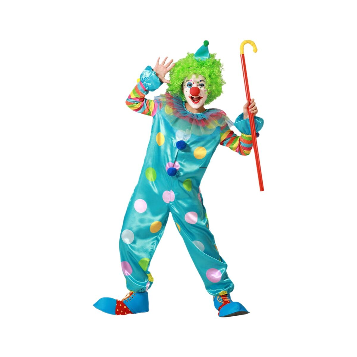 Ett barn klädd i en turkos clowndräkt med färgglada prickar, en vild grön peruk och håller i en röd käpp.