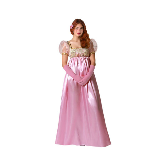 Kvinna i en lång, rosa, sidenliknande maskeraddräkt i empirestil, komplett med korta puffärmar och långa rosa handskar.