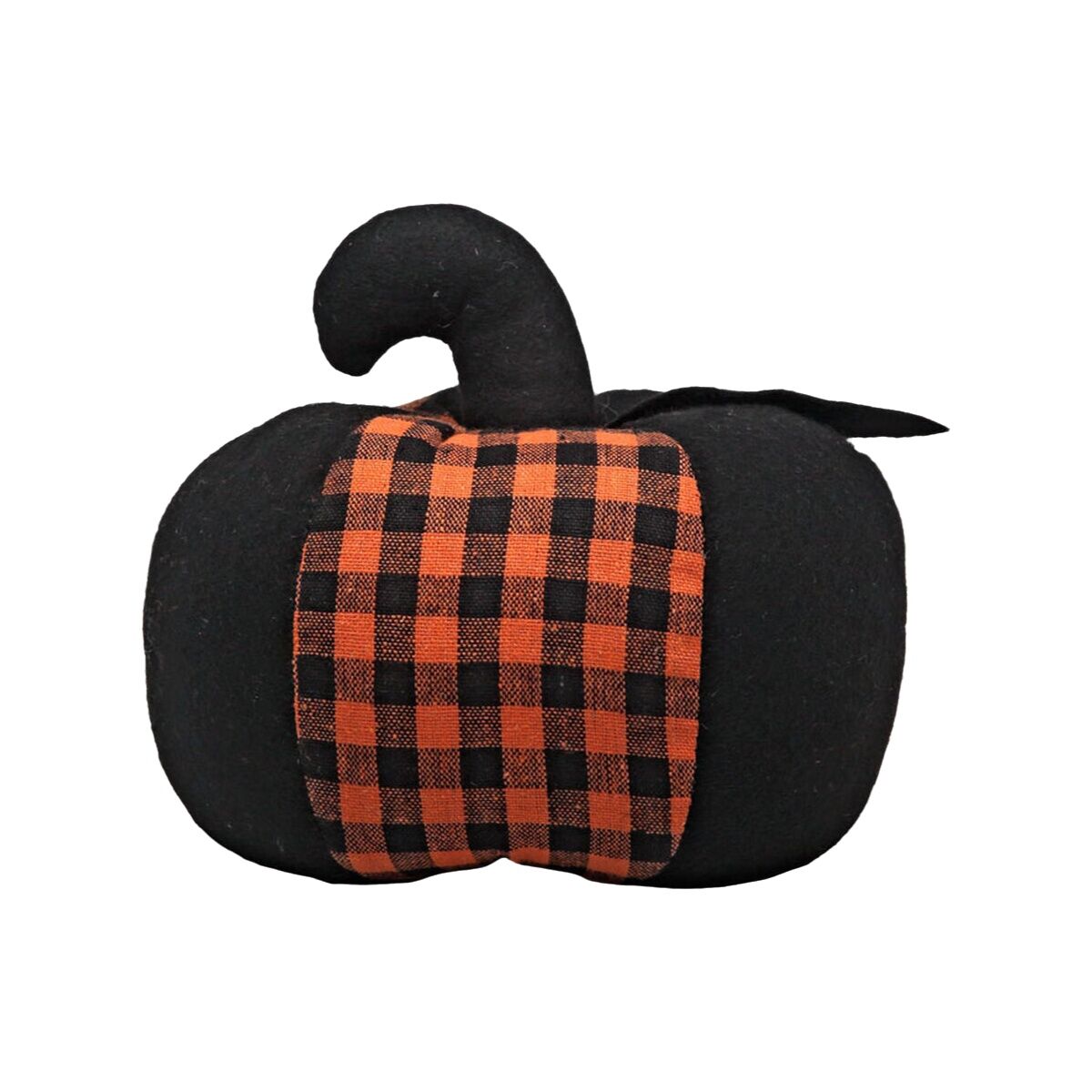En mjuk tygpumpa i svart med ett orange och svart rutigt band runt mitten, med en böjd svart stam.
