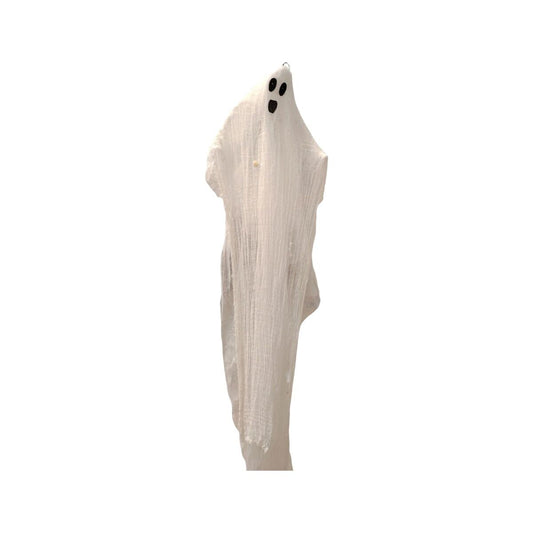 Ett vitt hängande spöke med svarta ögon och mun, redo att dekorera för Halloween.