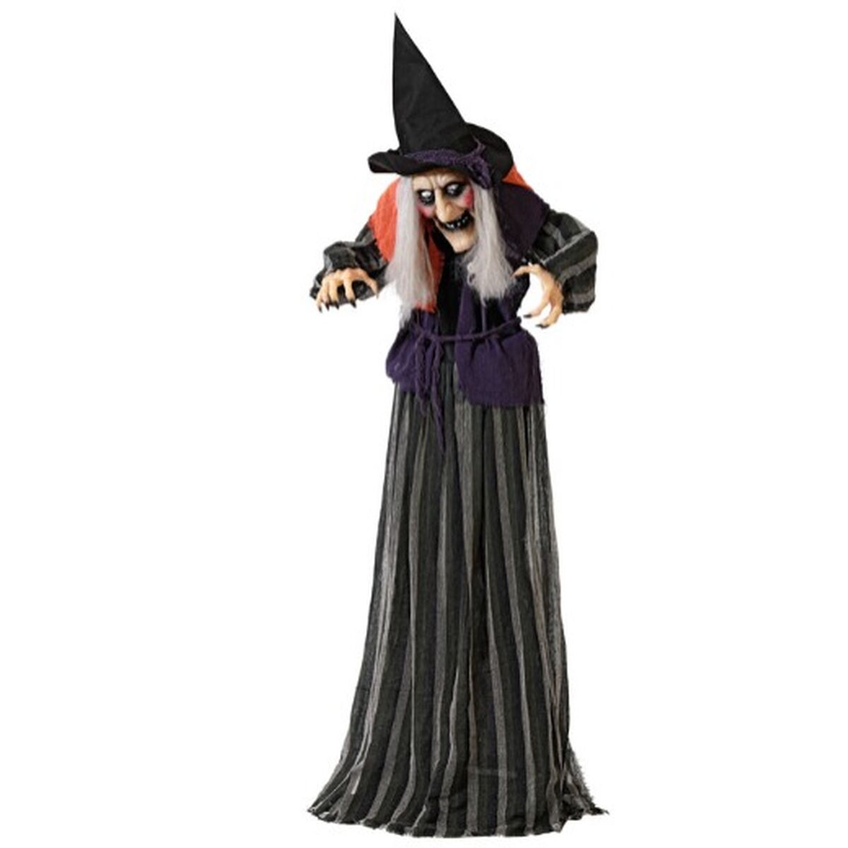 En 160 cm hög halloweendekoration föreställande en skräckinjagande häxa med en svart hatt, orange hår och en randig klänning.
