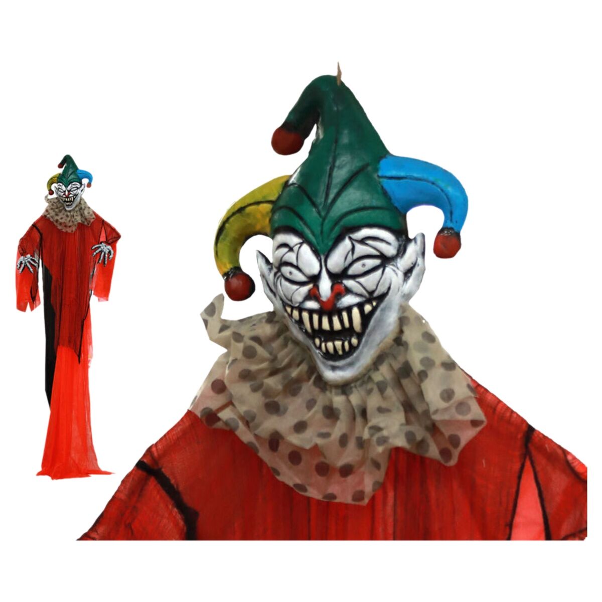 En hängande, gigantisk skräckdekoration föreställande en clown med ett vitmålat, tandfyllt ansikte och en grön, gul och blå tomteluva, klädd i en röd dräkt.