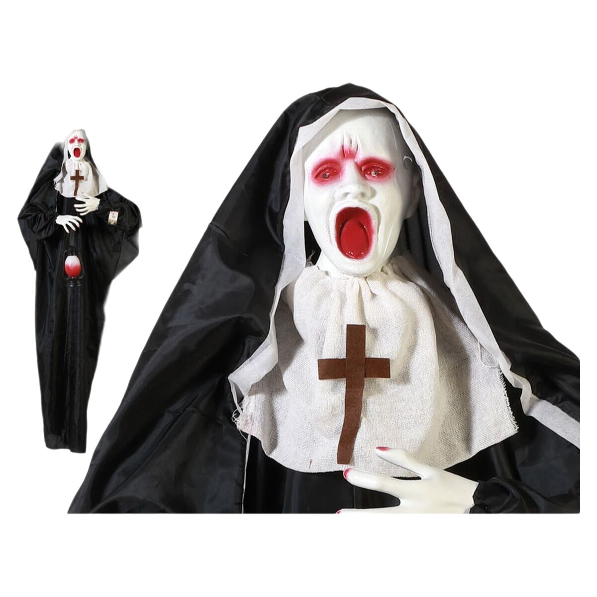 En närbild på en skräckinjagande halloween-dekoration föreställande en nunna med vitt ansikte, blodröda ögon och öppen mun, klädd i svart och vit dräkt med ett brunt kors.