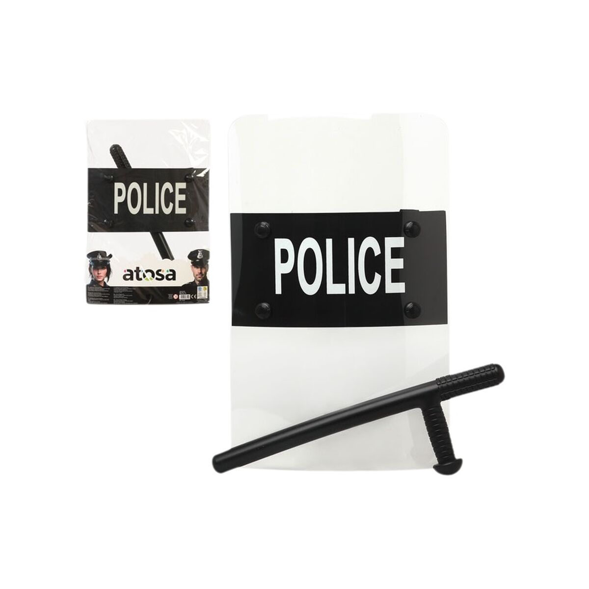 En vit och svart polis sköld med texten POLICE och en svart batong.
