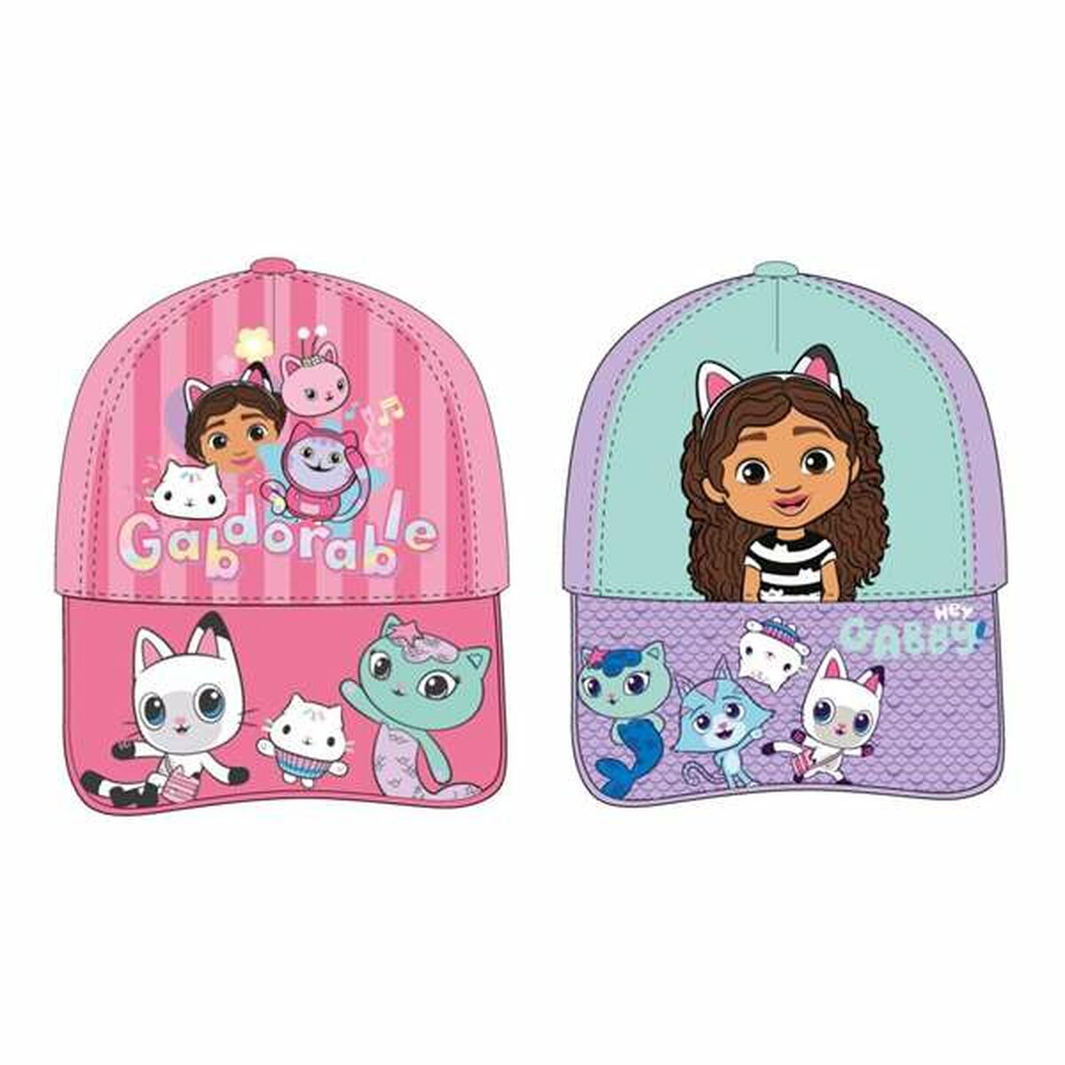 Två lila och rosa kepsar för barn med motiv från Gabby's Dollhouse och olika kattkaraktärer.