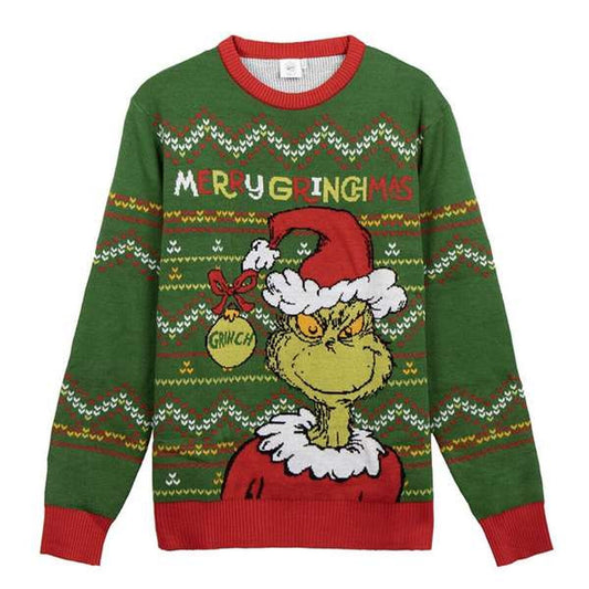 Grön stickad unisex jultröja med ett tryck av Grinchen som bär tomteluva.