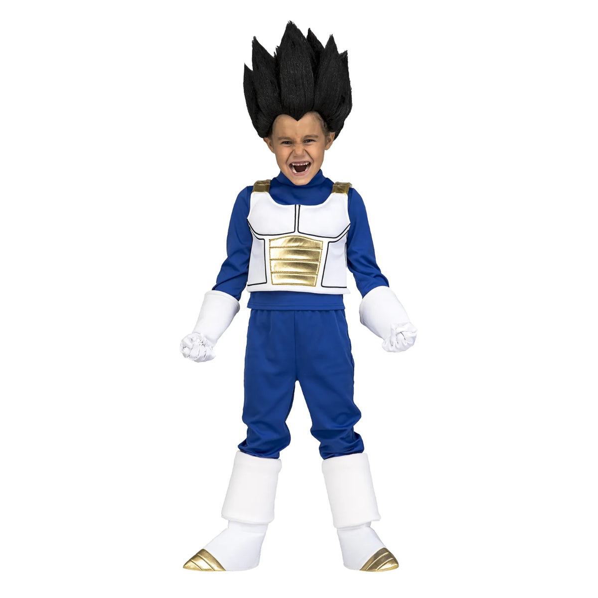 Barn i Vegeta-dräkt från Dragon Ball med armarna i powerpose.