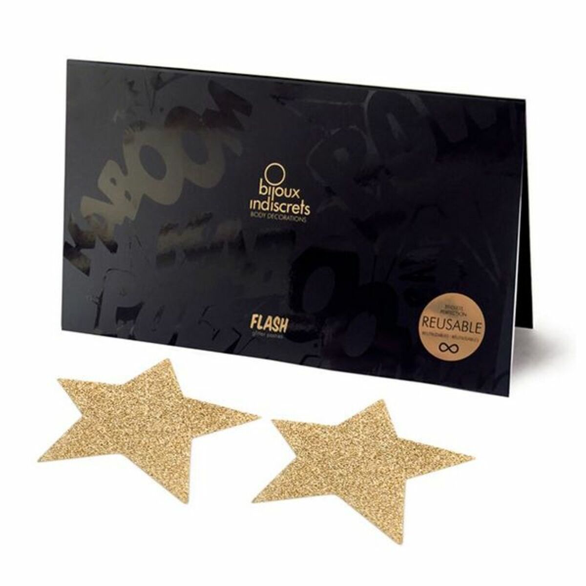 Snygg svart förpackning från märket Bijoux Indiscrets som visar guldstjärnorna och texten Flash reusable glitter pasties.