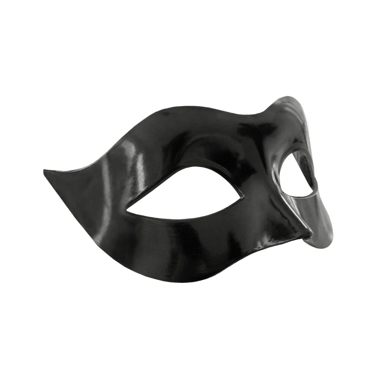 En blank svart carnival ögonmask med formad näsdel och rundade sidor visas snett mot vit bakgrund.