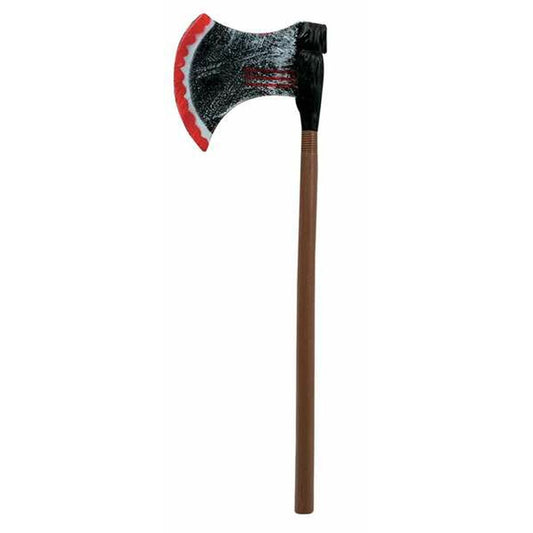 En blodig bödelyxa med ett slitet, svart yxhuvud och ett brunt skaft, en perfekt och läskig maskeradaccessoar.