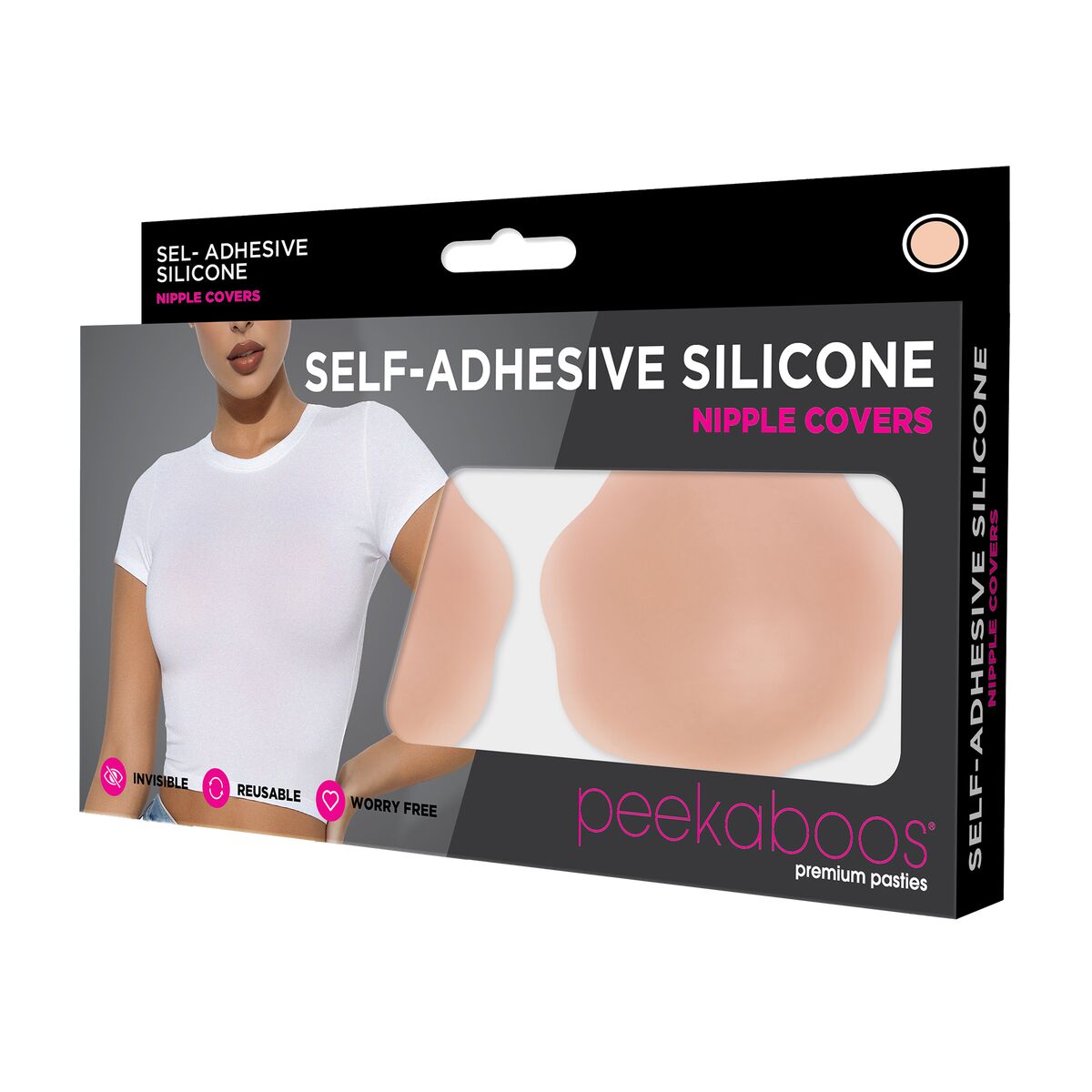 Produktförpackning för Peekaboos Self-Adhesive Silicone Nipple Covers som visar produkten och en modell i en tajt vit tröja.