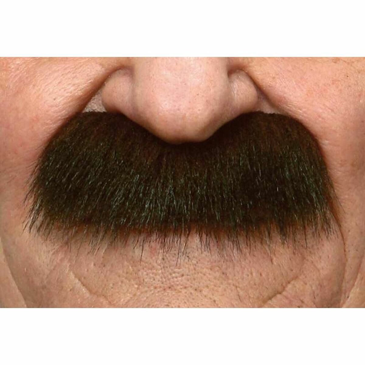 En närbild på en man som bär en tjock, Buskig Brun Lösmustasch.