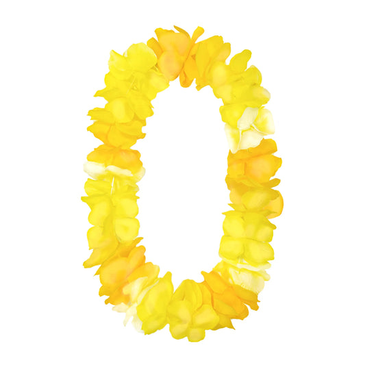 En deluxe hawaiikrans lei med stora tygblommor i gula och ljusa nyanser hänger i oval form mot vit bakgrund.