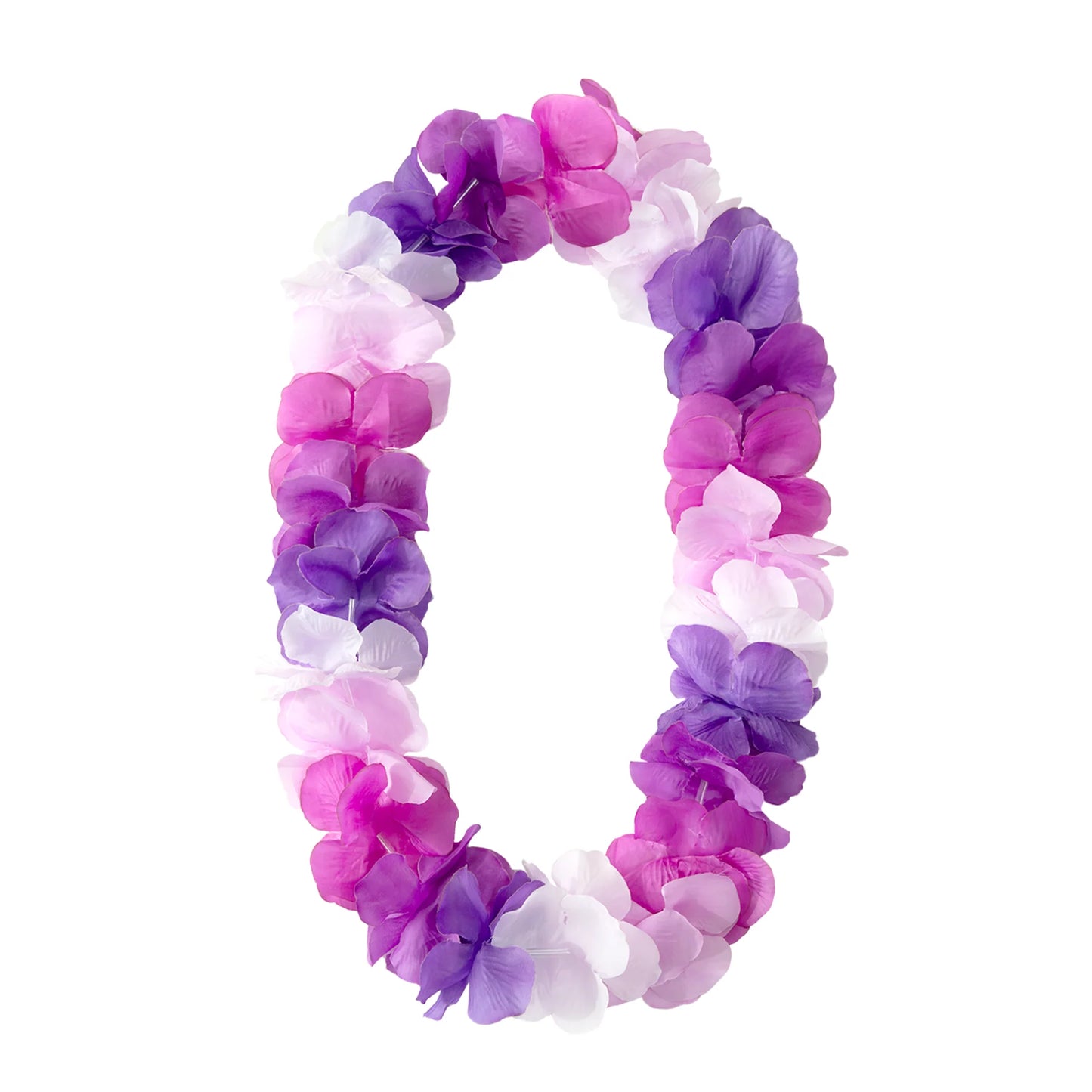 En deluxe hawaiikrans lei med stora tygblommor i lila, rosa, ljusrosa och vitt hänger i oval form mot vit bakgrund.