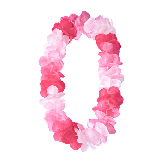 En deluxe hawaiikrans lei med stora tygblommor i rosa, ljusrosa och vitt hänger i oval form mot vit bakgrund.