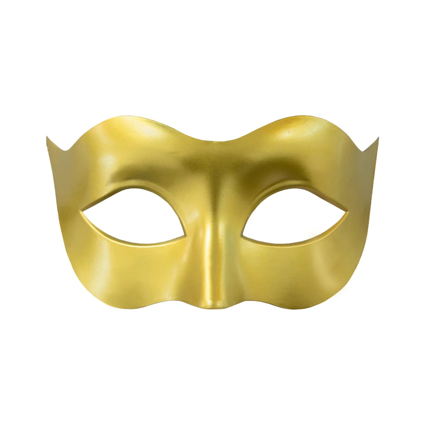 En guldig carnival ögonmask med två ögonöppningar och markerad näsform visas rakt framifrån mot vit bakgrund.