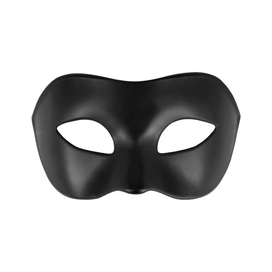 En matt svart carnival ögonmask med formad design och två ögonöppningar visas rakt framifrån mot vit bakgrund.