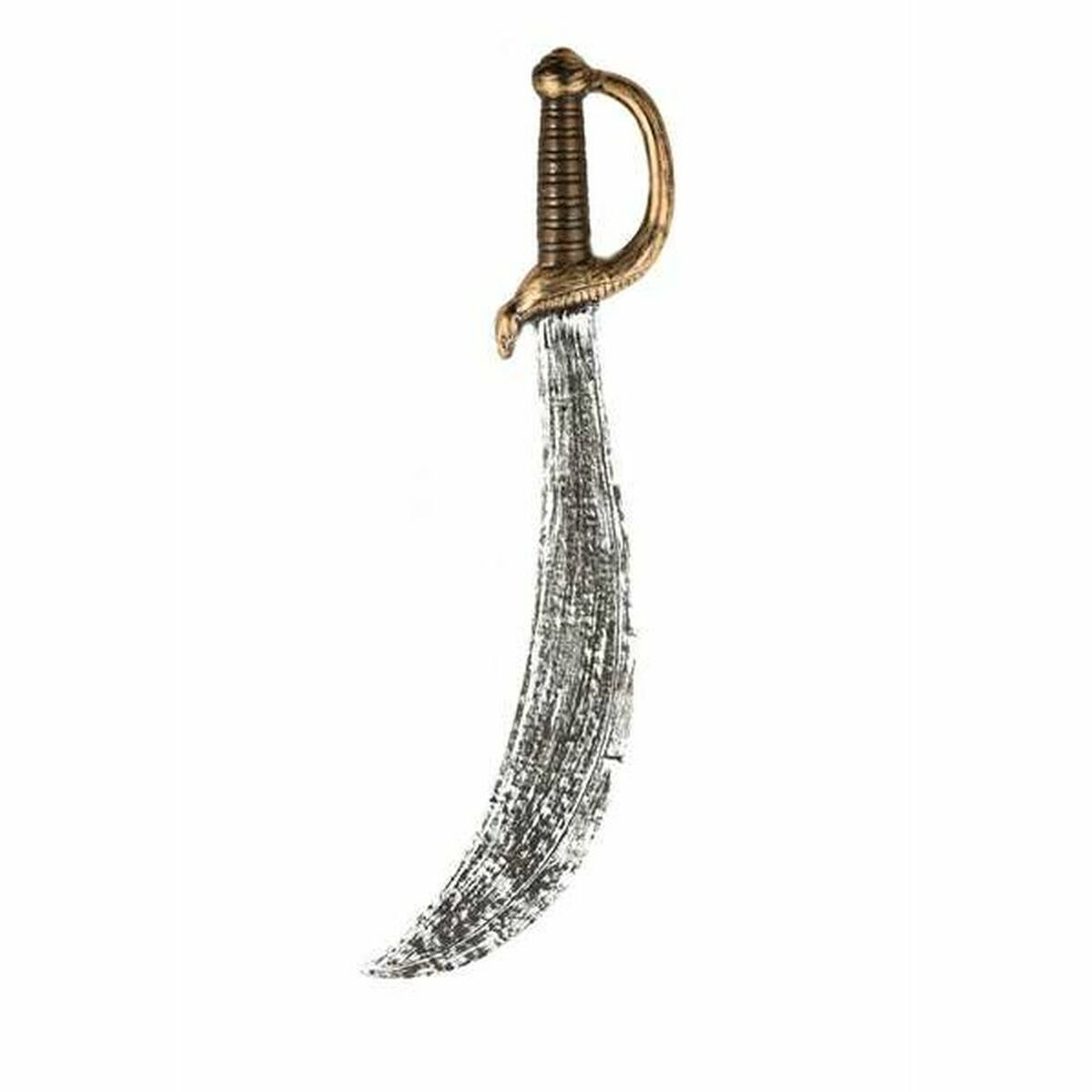 Ett 61 cm långt leksakssvärd i form av en böjd, orientalisk piratsabel med ett slitet, silverfärgat blad och ett elegant handtag i guld och brunt.
