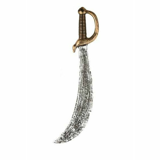 Ett 61 cm långt leksakssvärd i form av en böjd, orientalisk piratsabel med ett slitet, silverfärgat blad och ett elegant handtag i guld och brunt.