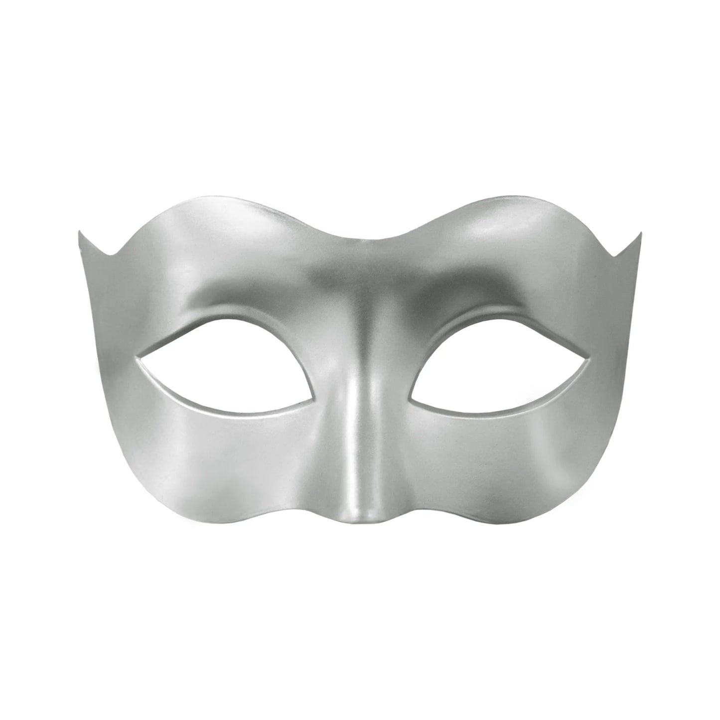 En silverfärgad carnival ögonmask med två ögonöppningar och markerad näsform visas rakt framifrån mot vit bakgrund.