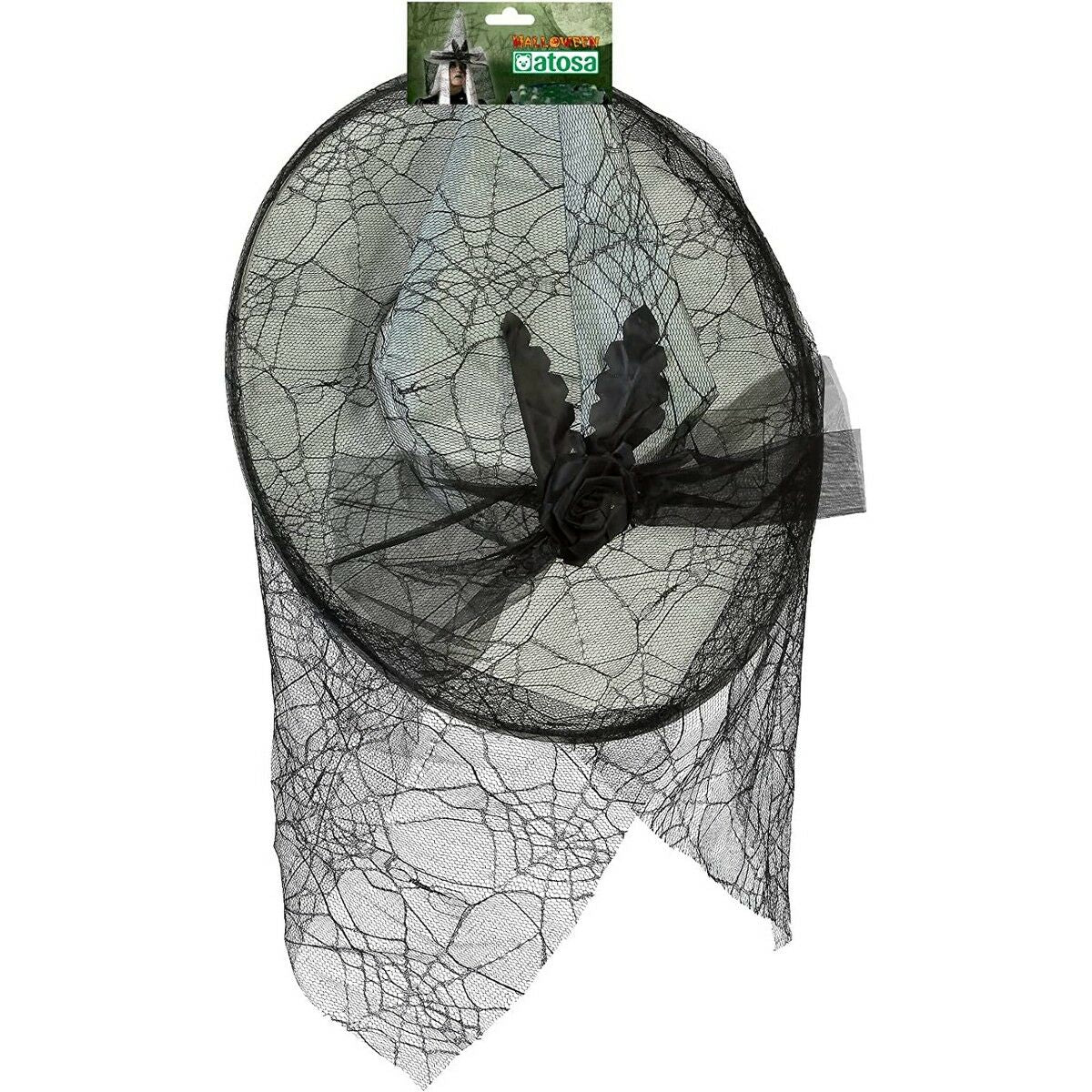 Den svarta häxhatten med spindelnätsslöja och en svart ros, hänger på förpackning.