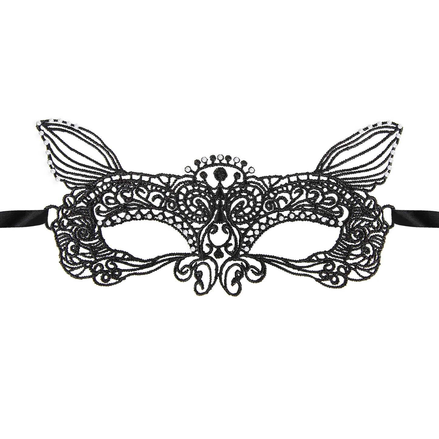 En elegant svart varg ögonmask i spets med strassdetaljer, dekorativa mönster och svarta knytband mot ljus bakgrund.