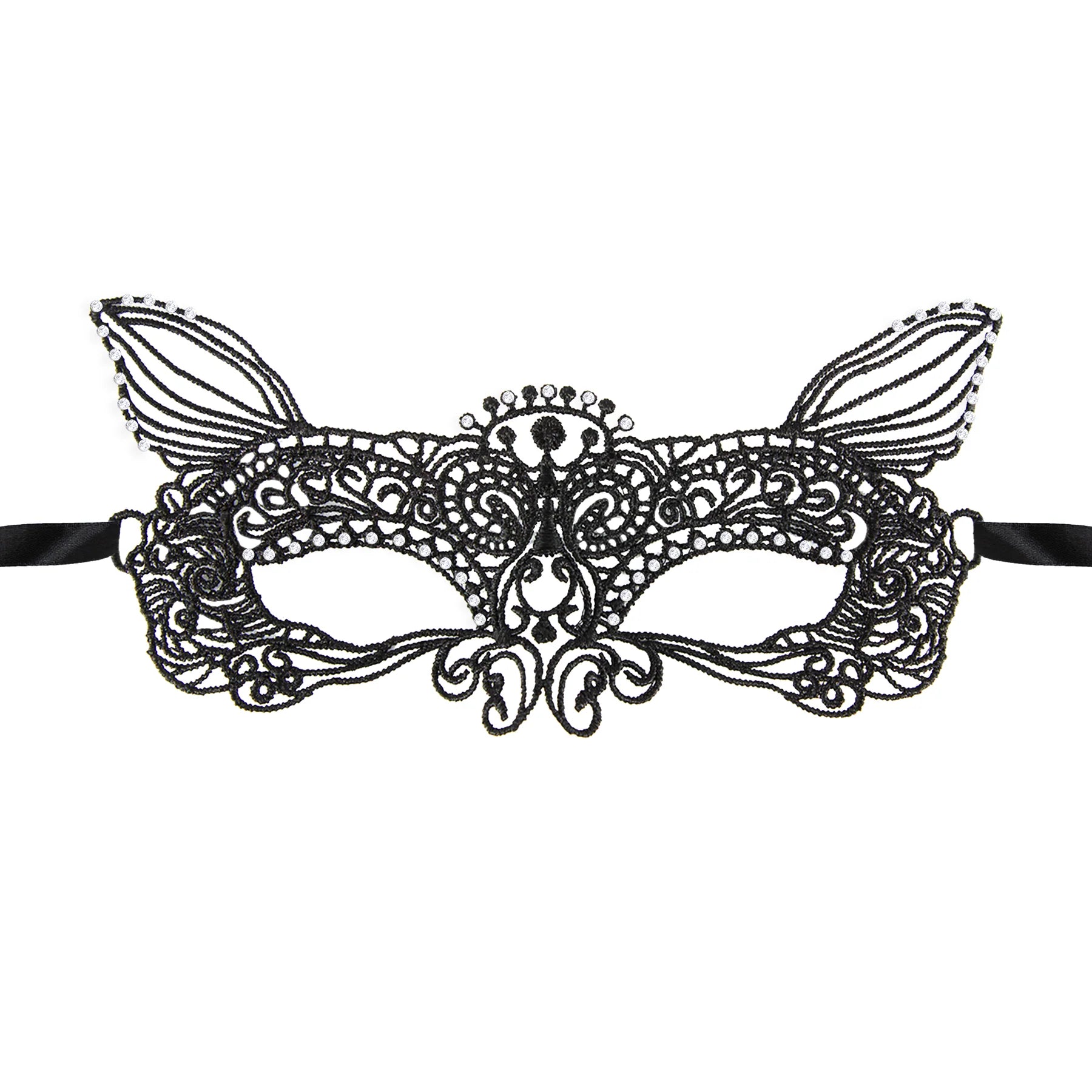 En elegant svart varg ögonmask i spets med strassdetaljer, dekorativa mönster och svarta knytband mot ljus bakgrund.