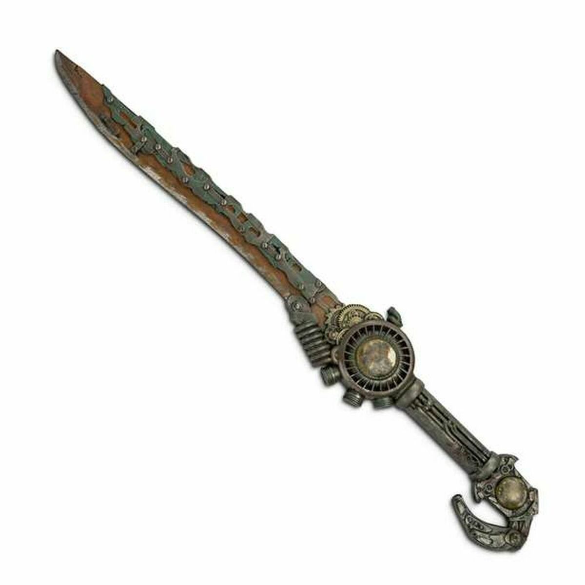 Ett stort och otroligt detaljerat, men säkert, leksakssvärd i foam med steampunk-tema, med ett rostigt blad förstärkt med en kedja och ett mekaniskt fäste med kugghjul.