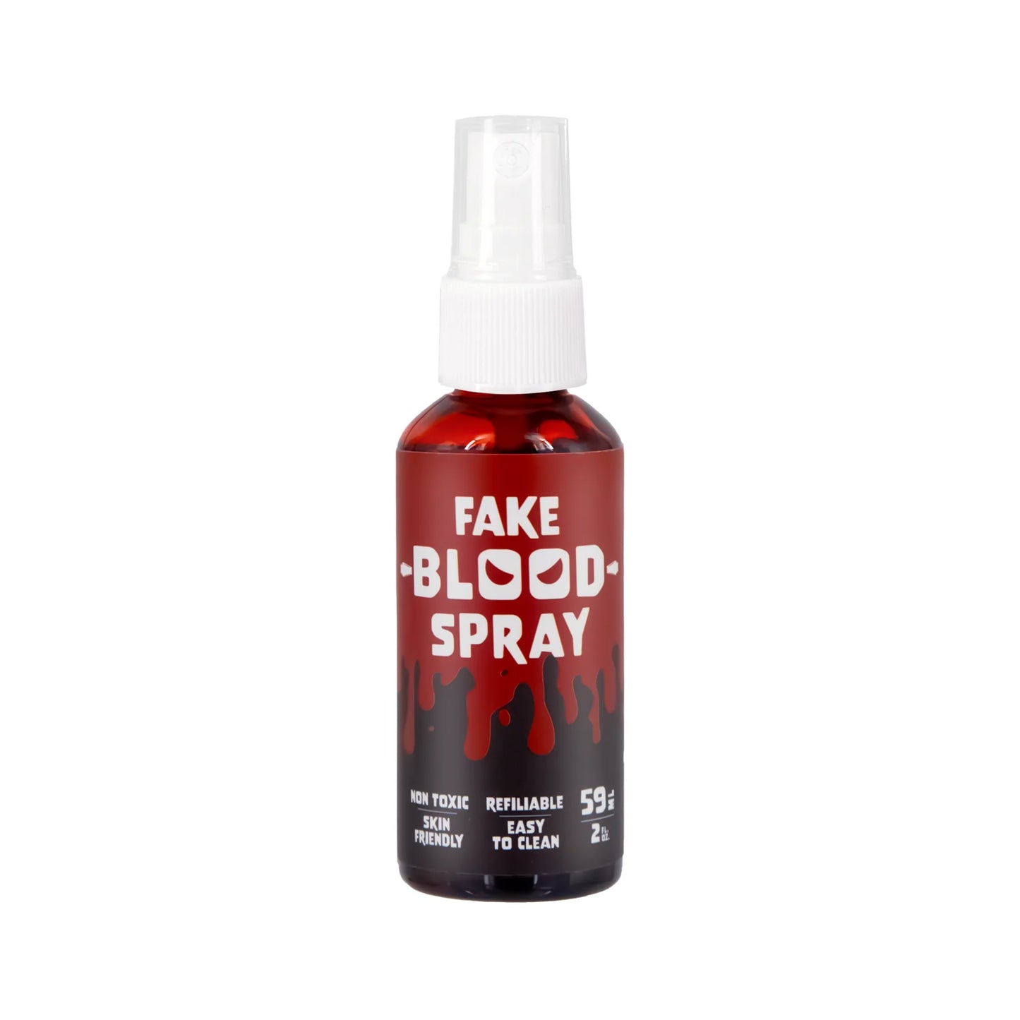 En flaska fake blood spray på 59 ml med röd vätska, vit spraykork och svart etikett mot vit bakgrund.