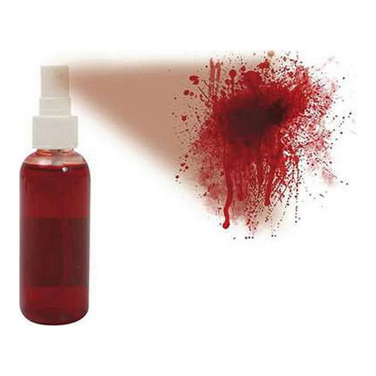 En flaska med röd fake blood spray visas bredvid en blodig sprayeffekt med stänk och rinnande detaljer mot vit bakgrund.