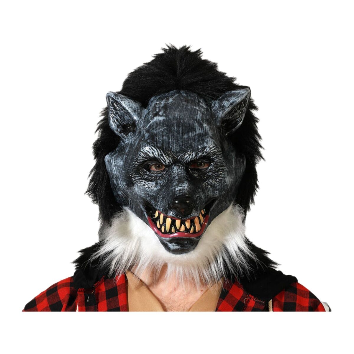 En person bär en Fasansfull Svart Varulvsmask i latex, med ett argt ansiktsuttryck och vassa, gula tänder.