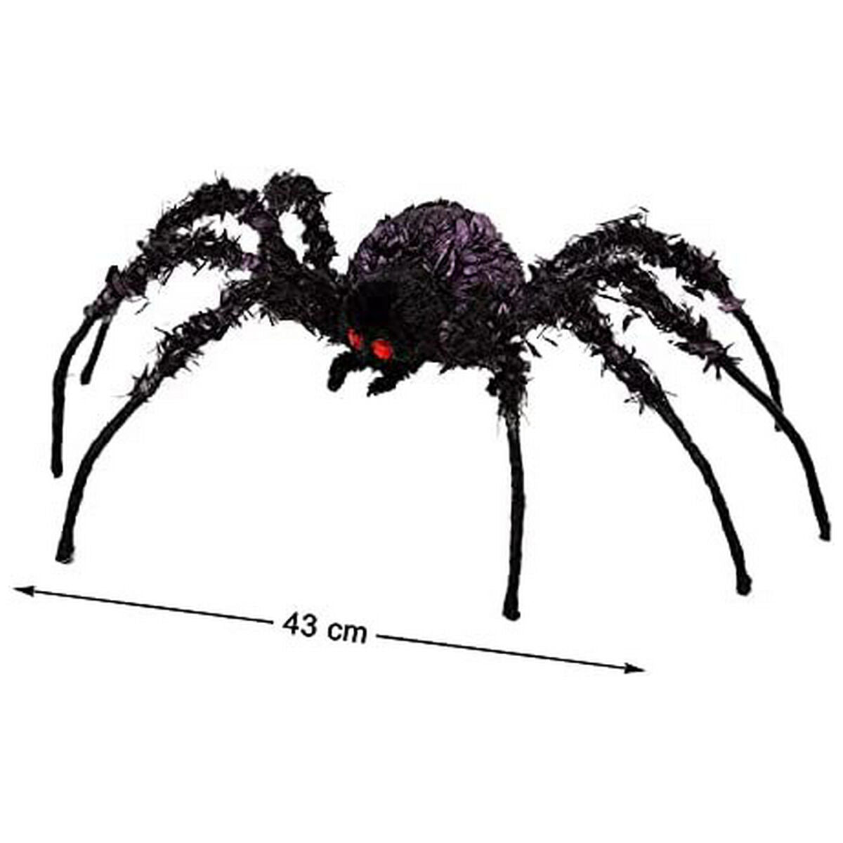En Gigantisk Hårig Spindel med röda ögon och långa, svarta ben, med en pil som visar en bredd på 43 cm.