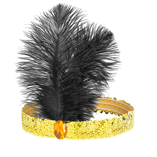 Ett elegant guldfärgat hårband för maskerad täckt av paljetter med en gnistrande orange sten och stora svarta fjädrar upptill.