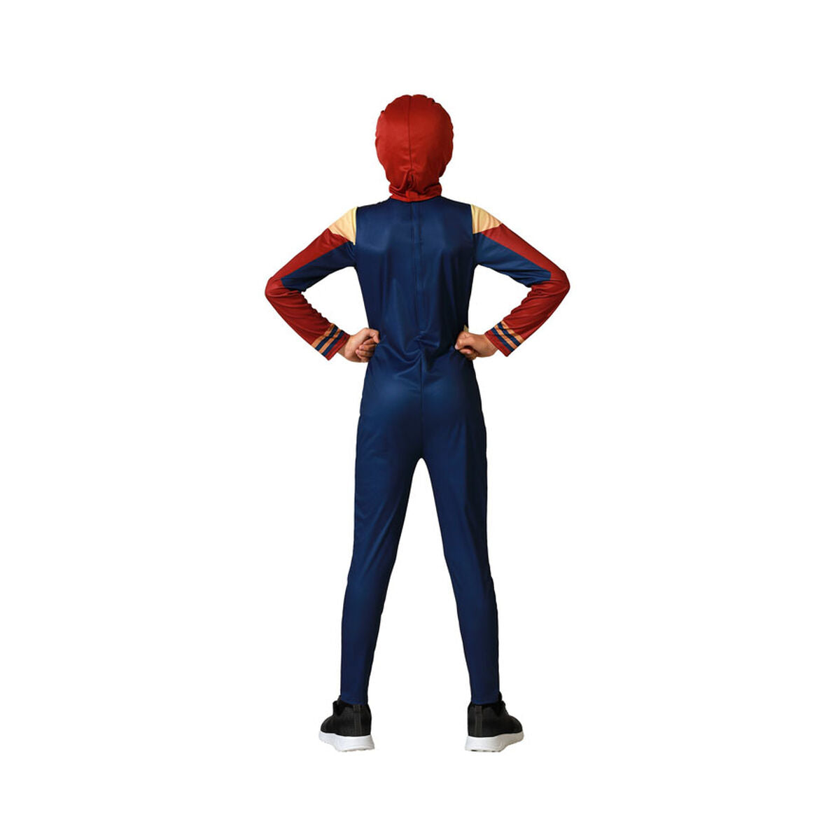 Ett barn i en komplett spindelhjälte-dräkt, sedd bakifrån, med en blå, röd och guldfärgad jumpsuit.