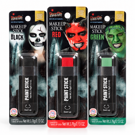 Halloween sminkstift för ansiktet i tre färger – svart, röd och grön – presenterade tillsammans i en tydlig produktbild.