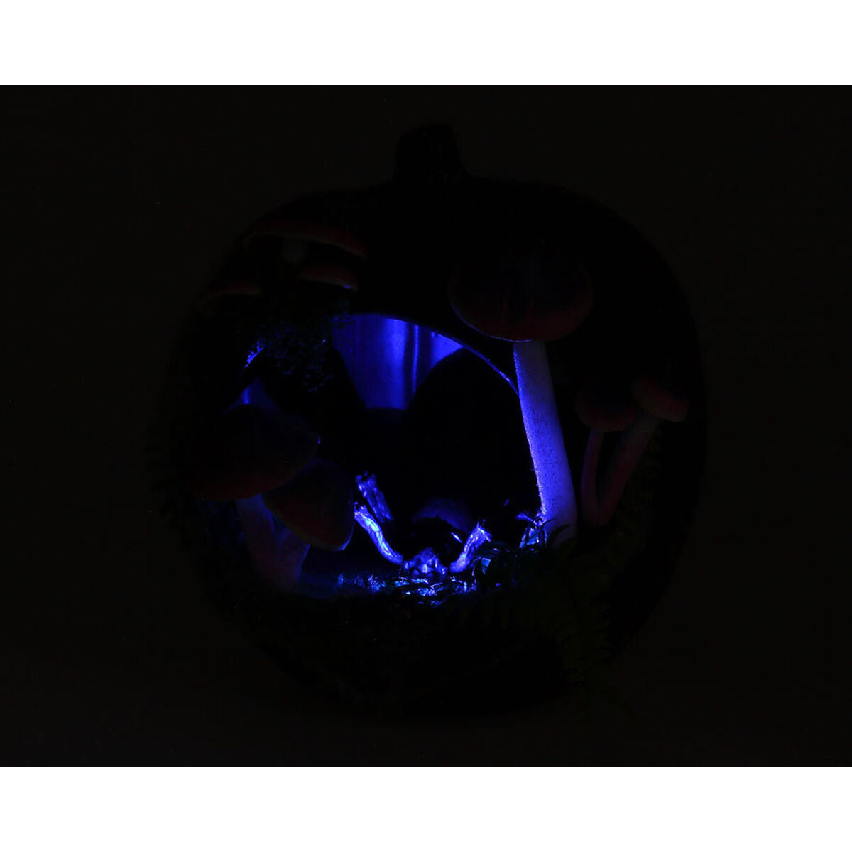 Den mörklila halloweenpumpan fotograferad i mörker. Ett blått ljus lyser inifrån och belyser svamparna och spindeln på ett skrämmande sätt. Dekorationen får en mystisk och kuslig effekt i mörka miljöer.
