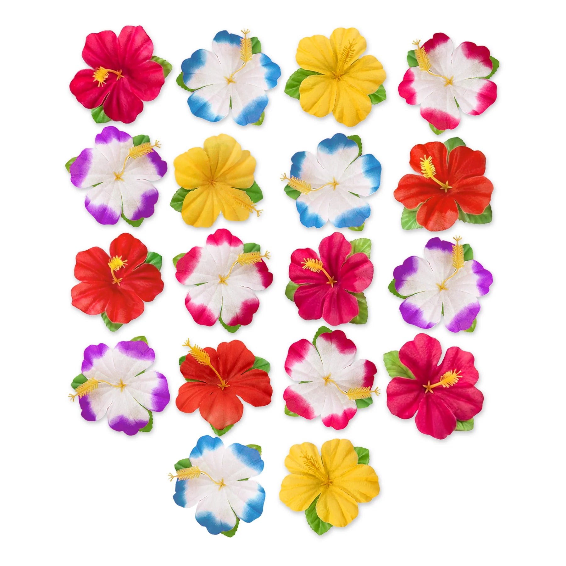 Arton Hawaii tygblommor i mixade färger ligger ordnade mot vit bakgrund och visar olika röda, gula, blå, rosa och lila blommor.