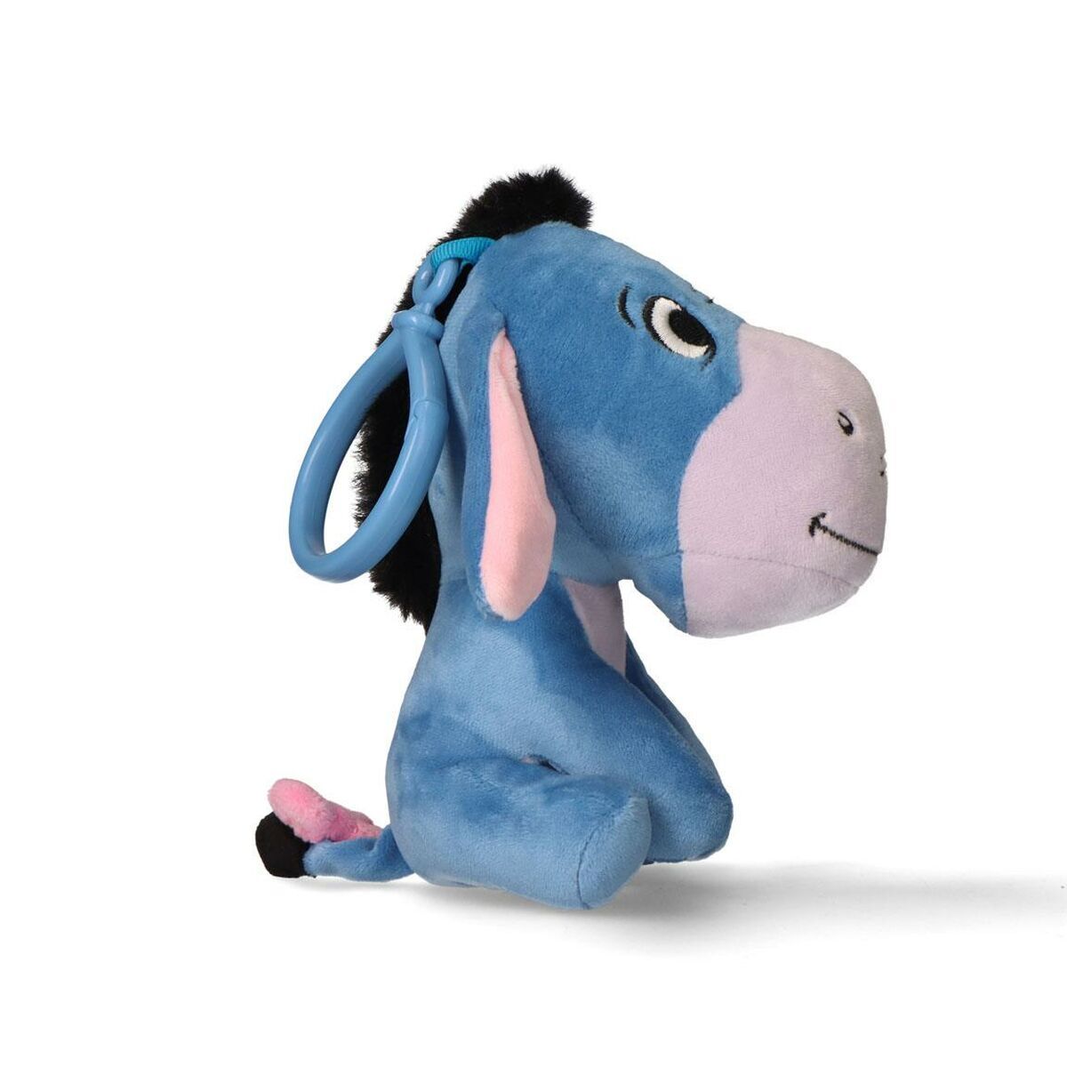 Profilbild av mjukisdjuret Ioor från sidan där man ser hans hängande öra, lila mule och den praktiska upphängningsringen.
